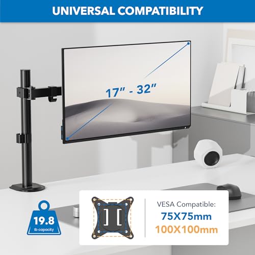 Mount-It! Single Monitor Arm Desk Mount for 17-32 Inch Screens, Holds up to 19.8 lbs, Full Motion Computer Monitor Stand, Steel, Clamp and Grommet Base, VESA 75x75 100x100, Cable Management, Black