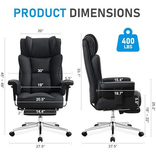 OwgeinSet Big and Tall Office Chair, Ergonomic Leather Reclining Chair with Footrest, High-Back Comfy Executive Computer Desk Chairs with Lumbar Support, Wide Seat, 400LBS (Black)