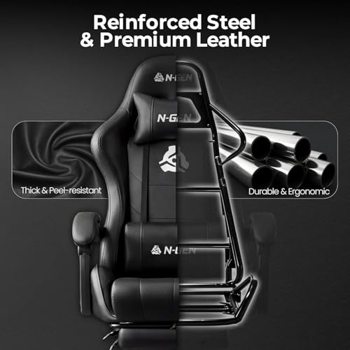 N-GEN GAMING Video Gaming Chair with Footrest Lumbar Support for Home Office High Back Recliner Height Adjustable Ergonomic Comfy Leather Computer Desk Chair (Black)