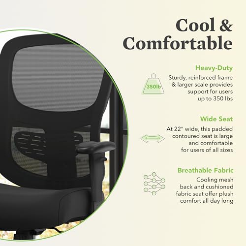 HON Sadie Big and Tall Ergonomic Office Chair with Mesh Back, Adjustable Lumbar Support and Arms, High Back Desk and Computer Chair for Home Office or Workstation, 350 lb. Weight Capacity, Black