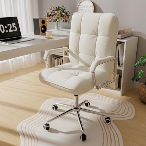 HomeZeer White Office Chair, Mid Back Leather Desk Chair with Wheels and Padded Arms, Swivel Vanity Chair for Bedroom, Computer Chair for Study and Work