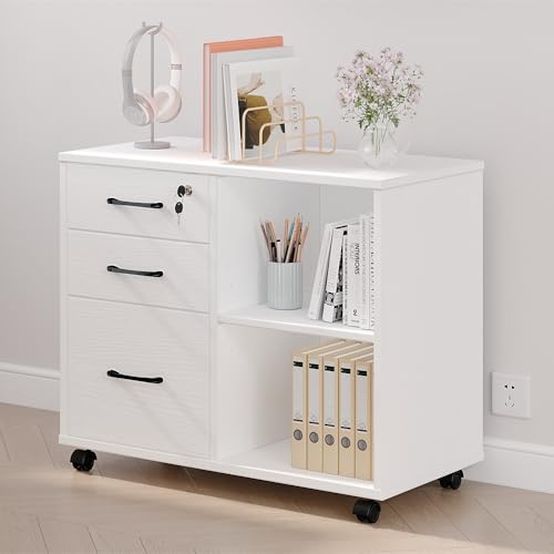 Panana 3 Drawer Office File Cabinets, Mobile Lateral Printer Stand with Open Storage Shelf, Rolling Filing Cabinet with Wheels Home Office Organization and Storage (White)