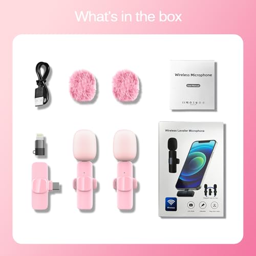 HONGJIEYUAN Pink Wireless Lavalier Microphone for iPhone & Android - Mini Clip-On Mic with Noise Cancellation, 65ft Range, 8H Battery, USB-C/Lightning - for TikTok, YouTube, Podcast, Live Streaming
