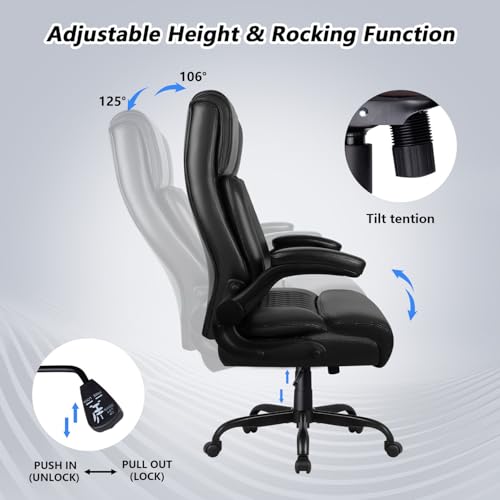 VENDORZ Office Chair, Big and Tall 400LBS Heavy Duty Executive Office Desk Chair with Flip-up Armrest, Ergonomic Swivel High Back Office Chairs with Lumbar Support, PU Leather (Black)
