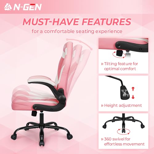 N-GEN Video Gaming Chair Ergonomic Computer Desk Office Chair with Lumbar Support Adjustable Height Swivel Wheels Flip-Up Arms PU Leather Home and Office (Pink)