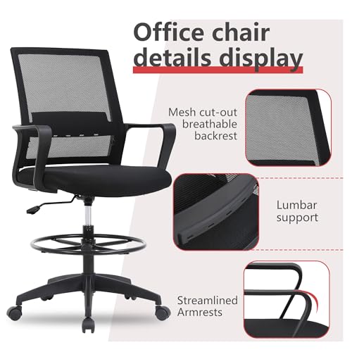 BestOffice Drafting Chair Tall Office Chair Adjustable Swivel Rolling Mesh Height with Lumbar Support Arms Footrest Mid Back for Adults Standing Desk Drafting Stool(Black)