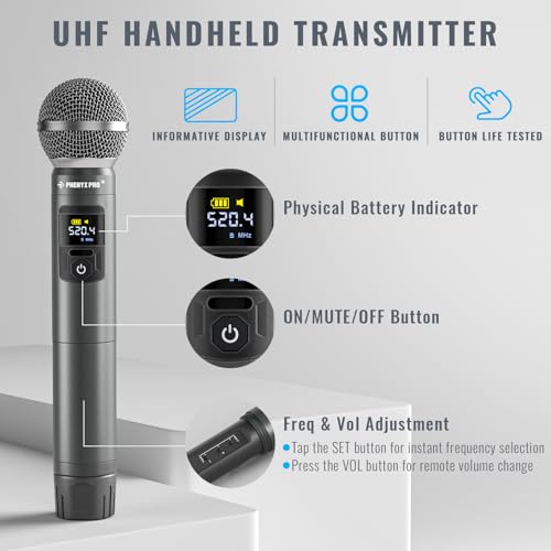 Phenyx Pro Wireless Microphone System, Metal Wireless Mic Set, Handheld Cordless Dynamic Microphones for Singing, Karaoke, Church, 2x30 UHF Tunable Frequencies,200 ft Range (PTU-52-2H)