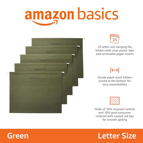Amazon Basics Hanging File Folders with Adjustable Tabs, Sturdy Expandable Document Organizer, Letter Size 8.5x11 inch, Green, 25-Pack
