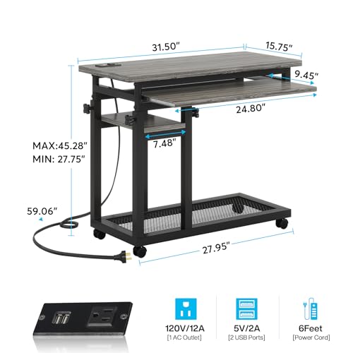 Tribesigns Small Portable Desk with Power Outlet, Height Adjustable Sofa Couch Bedside Laptop Table with Wheels, Mobile Standing Desk Rolling Computer Cart C Side Table with USB Ports