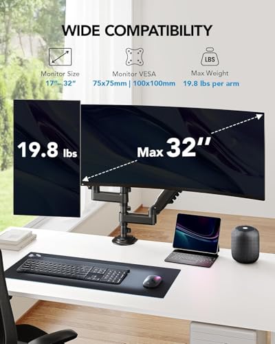 HUANUO 17-32 Inch Dual Monitor Stand, Vertical Dual Monitor Mount, Monitor Stand 2 Monitors, Ergonomic Adjustable Tilt/Swivel/Rotate, Weight Max 19.8 lbs, VESA 75/100mm