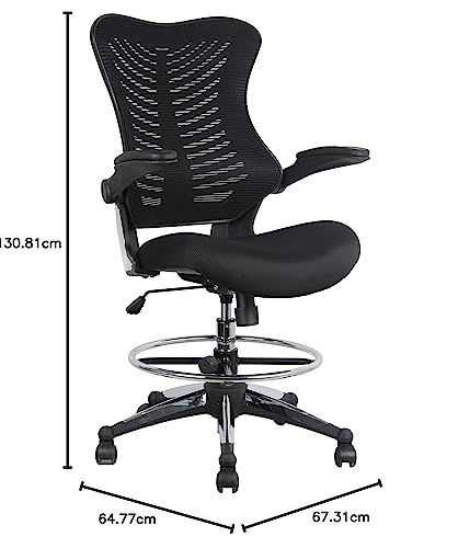 OfficeFactor 300 Lbs Tall Drafting Chair with Adjustable Foot Ring & Flip-Up Arms – Ergonomic Standing Desk Chair, Breathable Mesh Office Chair for Tall Desks, Counter Height & Reception(Black)