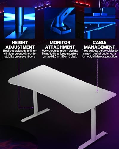 Arozzi Arena Large Gamer Desk - 63x32” Adjustable Height PC Gaming Desk with Storage for Cables & Triple-Monitor Support - Full-Surface Washable Mousepad - Pure White