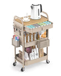 ALVOROG Rolling Cart with Drawer and Wood Table Top, 3 Tier Metal Rolling Utility Cart on Wheels with DIY Pegboards, Hanging Baskets, Hooks for Kitchen, Bedroom, Office, Craft Supplies