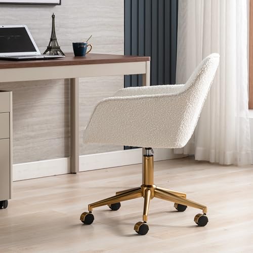 Zesthouse Modern Desk Chair with Wheels, White Swivel Vanity Chair for Girls Women, Upholstered Home Office Chair Boucle Armchair for Bedroom, Height Adjustable Computer Task Chair, Gold Base