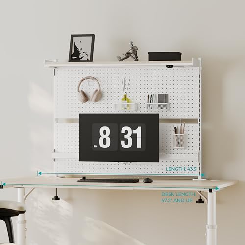 EUREKA ERGONOMIC Desk Pegboard with Dual Monitor Stands, LED Metal Pegboard for Gaming Desk, Privacy Panel with 4 Accessories Modular Hanging, Computer Accessories for Office, 43 x 34 Inch, White