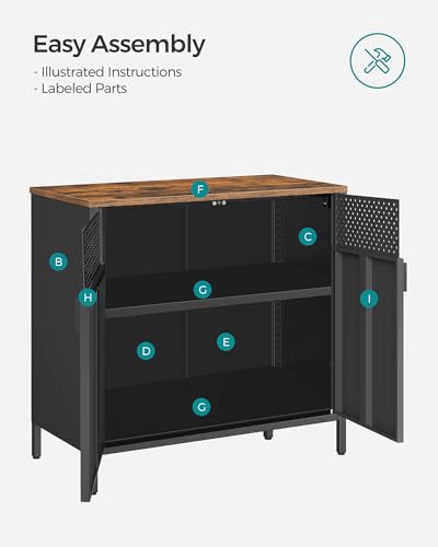 SONGMICS Storage Cabinet, Metal Cabinet, Sideboard with 2 Doors, 15.7 x 31.5 x 29.9 Inches, Magnetic Closure, Adjustable Shelf, Steel Frame, Rustic Brown and Black ULSC102B01
