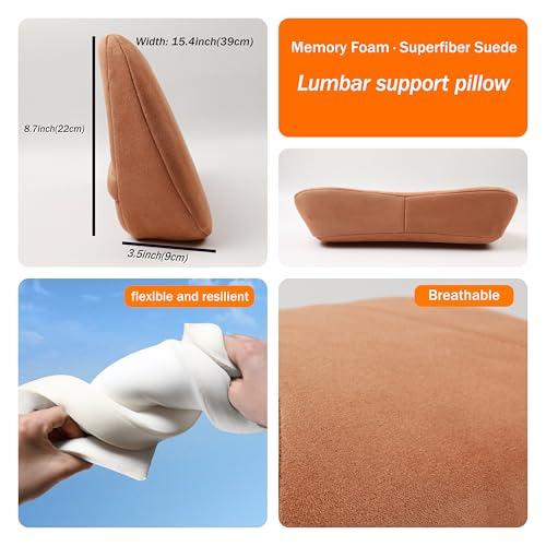 POKSRI Lumbar Support Pillow,Back Pain Relief Cushion,fits tightly around the waist,Memory Foam,Skin-friendly Suede Fabric,fit Car Drive,Office chair,Rest seat,Improve Posture,Portable,15.5''Lx 8.7''H