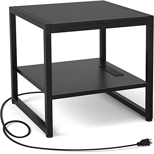 Homieasy End Table with Charging Station, 20" Mini Fridge Stand with Power Outlets, Heavy Duty Side Table for Living Room, Small Table Stand & Fridge Table, Black