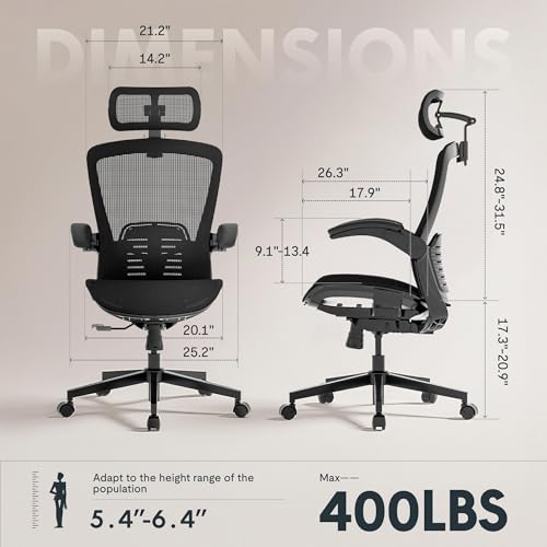 FLEXISPOT Ergonomic Office Chair with Flip-up Armrest, Free Space for Heavy People, Computer Chair with 8-Level Lumbar Support, Mesh OC3 Air-P Seat, Desk Chairs for Home Office Gaming Working, Black