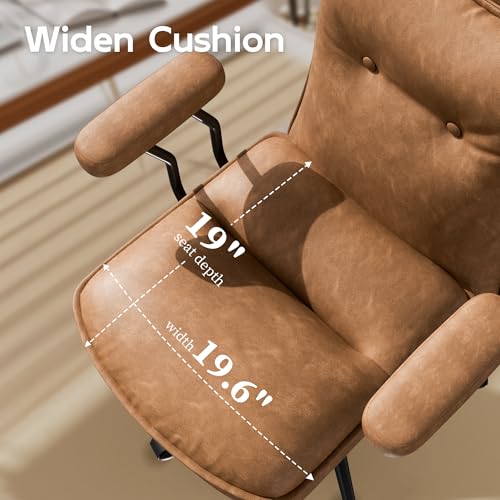 Sucrever Brown Leather Office Chair with Triple-Layer Seat, Home Desk Chair