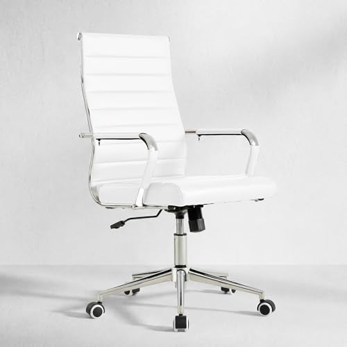 Okeysen White Office Desk Chair, Ergonomic Leather Modern Conference Room Chairs, Executive Ribbed Height Adjustable Swivel Rolling Chair for Home Office.