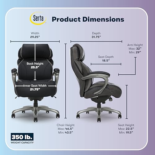 Serta Jackson Big and Tall Executive Home Office Chair with Smart Layers Technology, Wide Seat Cushion, Modern Comfy DeskChairs with Rolling Swivel Wheels, Bonded Leather, Black