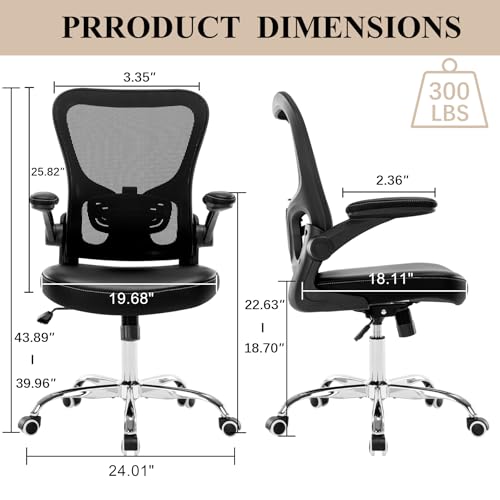 Office Chair, Mesh Ergonomic Desk Computer Chair with PU Leather Flip-up Armrest, Home Task Chair with Lumbar Support, Adjustable Executive Mid Back, Rolling Swivel,Black