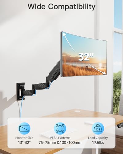 ErgoFocus Long Arm Monitor Wall Mount for Max 32 inch Computer Screen, Extra Long Adjustable Single Wall Mount Monitor Arm, Full Motion Vesa Wall Bracket 100x100, Hold up to 17.6lbs, Black