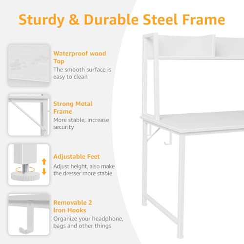 DLisiting White Computer Desk with Hutch & Drawers - 47 Inch Modern Study Writing Office Desk with 3 Storage Drawers and Power Outlets for Bedroom Home Office