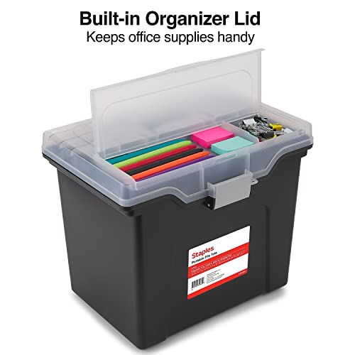 STAPLES File Folder Tote, Portable Filing Box for Letter SIze Hanging Folders, Security Latch & Built-In Lid Organizer, Black/Clear