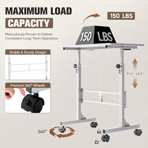Furmax 31.4" Small Portable Standing Desk Height Adjustable with Lockable Wheels, Mobile Stand Laptop Computer Workstation for Walking Pad Treadmill (White)