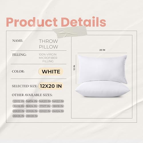 Utopia Bedding 12x20 Pillow Inserts, Set of 2, White – Indoor Decorative Throw Pillows for Bed, Sofa & Couch – Soft, Supportive & Fluffy Cushion Inserts