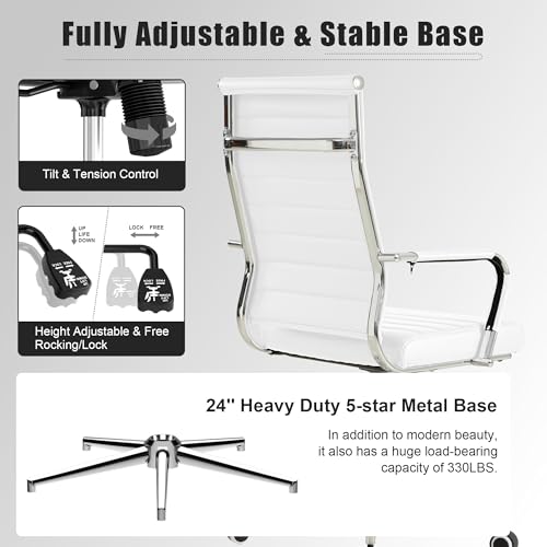 Okeysen White Office Desk Chair, Ergonomic Leather Modern Conference Room Chairs, Executive Ribbed Height Adjustable Swivel Rolling Chair for Home Office.