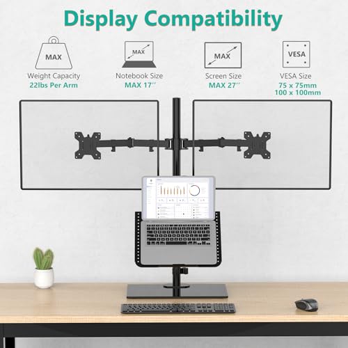 WALI Dual Monitor Stand with Laptop Holder, Height Adjustable Laptop Stand for Desk, Fits up to 27 inch Monitors and 17 inch Laptops, Freestanding Dual Monitor Mount with Glass Base(GMF003LP), Black