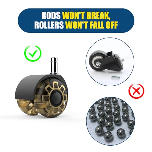 Office Chair casters,2 inch Replacement Desk Chair Wheels,Safe Quiet Rolling for Office Chair(Set of 5),Mute Rubber Rotating Desk Chair Caster Wheels, Safe for All Floors(Gold)