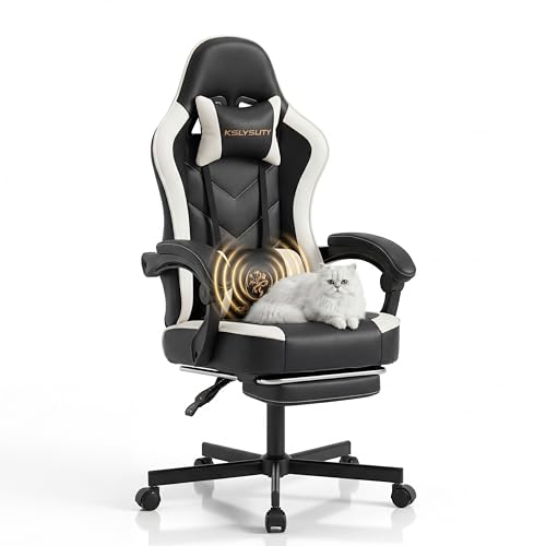 Kslysuty Desk Computer Gaming Chair - High Back Ergonomic Office Chair with Footrest and Lumbar Support, Swivel Comfy Home Gamer Video Game Chairs with Pocket Spring Cushion for Adults (White Leather)