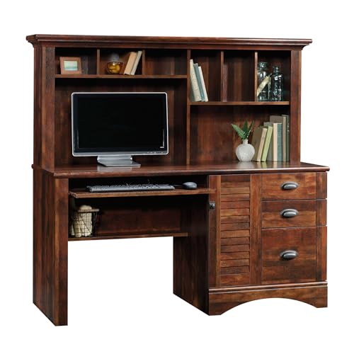 Sauder Harbor View Home Office Computer Desk with Hutch, Keyboard Tray, in Curado Cherry finish