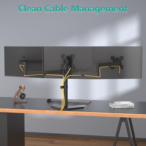 WALI Triple Monitor Stand, Free Standing Three LCD Monitor Fully Adjustable Desk Mount Fits 3 Screens up to 27 inch, 22 lbs Weight Capacity per Arm (MF003), Black