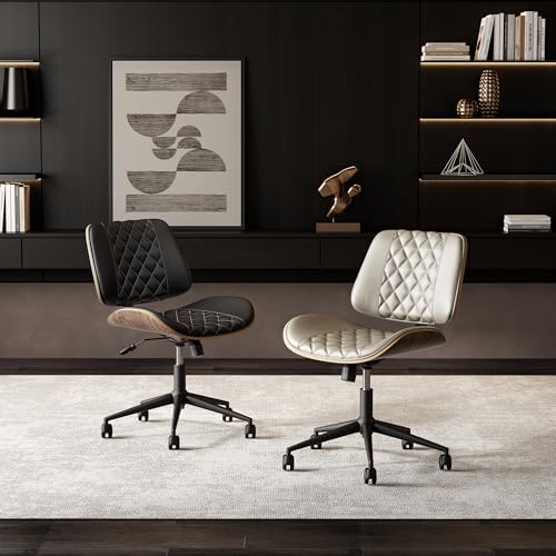 zavxzren Home Office Chair No Arms with Wheels, Armless Adjustable Height Small Desk Chair, Armless PU Leather Computer Chair Mid Back 360 Swivel, Modern Walnut, Reading Meeting Room (Green)