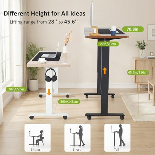 farexon Electric Standing Desk Adjustable Height, 71 x 28 Inch Sit Stand up Desk with Large Mouse Pad, Double Metal Hook,4 Wheels,4 Memory Preset Heights Home Office Computer Desk（Brown）