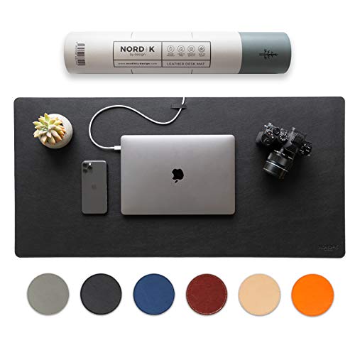 Nordik Leather Desk Mat Cable Organizer - Pebble Black 35 X 17 inch - Premium Mouse Mat - Felt Vegan Leather Desk Pad Protector - Desk Blotter Matt Keyboard - Large Desk Matt for Desktop Computer
