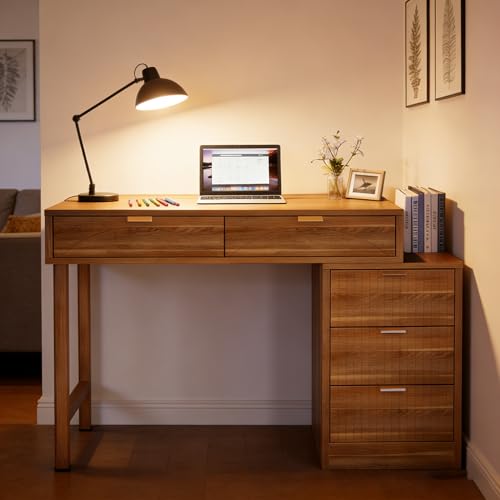 Tribesigns Computer Desk with 5 Drawers, Reversible Small Writing Desk with Storage, Modern Wooden Study Corner Table Workstation for Home Office, Small Spaces, Walnut Brown