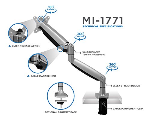 Mount-It! Single Monitor Arm Desk Mount with Gas Spring, Height Adjustable Monitor Stand for 13–32 Inch Screens up to 20 lbs, VESA 75x75 & 100x100, C-Clamp & Grommet, Sit-Stand Desk Compatible