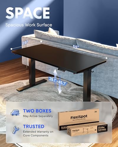 FLEXISPOT EN1 One-Piece Standing Desk, Electric Adjustable with 4 Memory Presets, 176 LBS Capacity, Stable & Quiet, Seamless Desktop for Home Office & Dual Monitors, 55"x28" Black