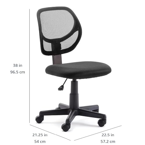 Amazon Basics Low Back Office Chair, Breathable Mesh, Height Adjustable, Padded Seat, Rolling Wheels, Swivel, Back Support, Sturdy, 21.25" D x 22.5" W x 38" H, Black