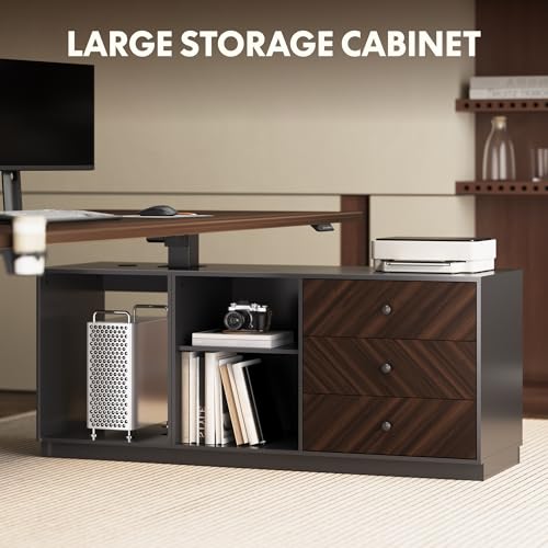 FLEXISPOT L Shaped Executive Standing Desk with Drawers, Large Electric Height Adjustable Desk, Sit Stand Desk for Home Office and Workstation, PC Cabinet (71"x32" Black Walnut)