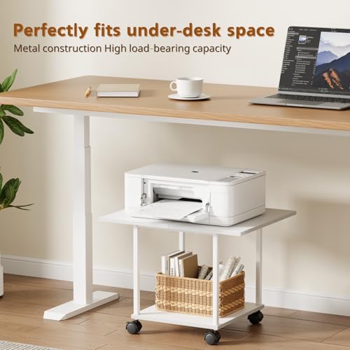 BEWISHOME 2-Tier Industrial Mobile Printer Stand, Rolling Cart with Storage Shelf, Lockable Wheels, for Home, Office (White) BDZ01W