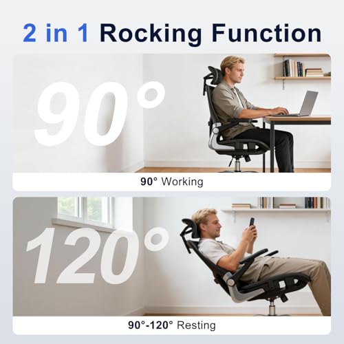 marrap Ergonomic Office Chair, Mesh Seat Cushion with 3D Armrests and 3D Headrest, Adjustable Lumbar Support with 90-120° Rocking Function for Home Office, Black