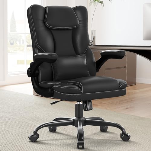 Ergonomic Office Chair with Flip-up Armrests, 300lbs Mid Back Computer Office Desk Chair with Lumbar Support, Executive Leather Chair with Rocking Function Adjustable Height for Home Office