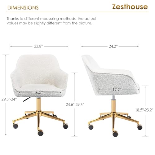 Zesthouse Modern Desk Chair with Wheels, White Swivel Vanity Chair for Girls Women, Upholstered Home Office Chair Boucle Armchair for Bedroom, Height Adjustable Computer Task Chair, Gold Base